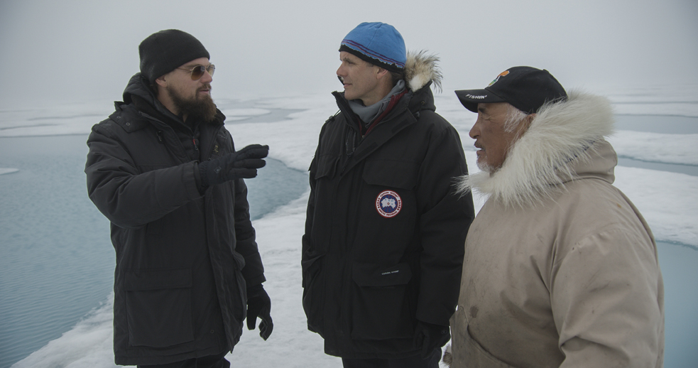 BAFFIN ISLAND, CANADIAN ARCTIC - (From left to right): Leonardo DiCaprio, Enric Sala, National Geographic Explorer-in-Residence, and Jake Awa, Arctic Guide, Pond Inlet. For two years, Leonardo DiCaprio has criss-crossed the planet in his role as UN messenger of Peace on Climate Change. This film, executive produced by Brett Ratner and Martin Scorsese, follows that journey to find both the crisis points and the solutions to this existential threat to human species. The climate change feature documentary ‘Before the Flood’ airs globally on the National Geographic Channel October 30.  (photo credit: © 2016 RatPac Documentary Films, LLC and Greenhour Corporation, Inc.)